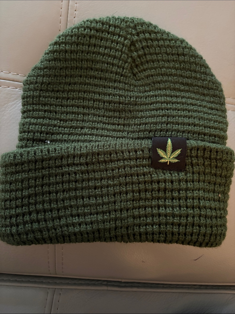 Men's Olive Green Knit Beanie with Leaf Emblem